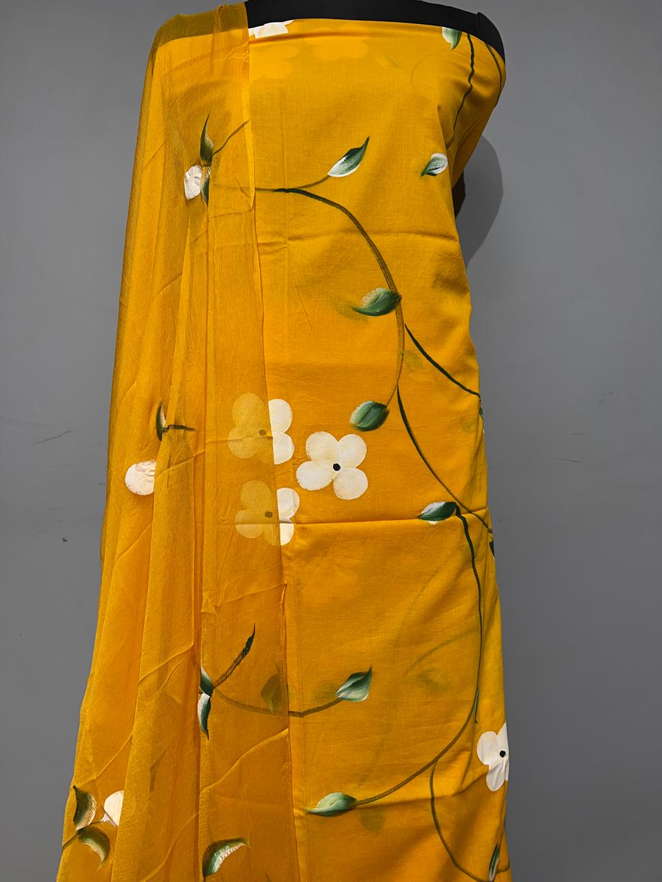 Pure Cotton Hand Block Print Unstitched Suit With Chiffon Dupatta