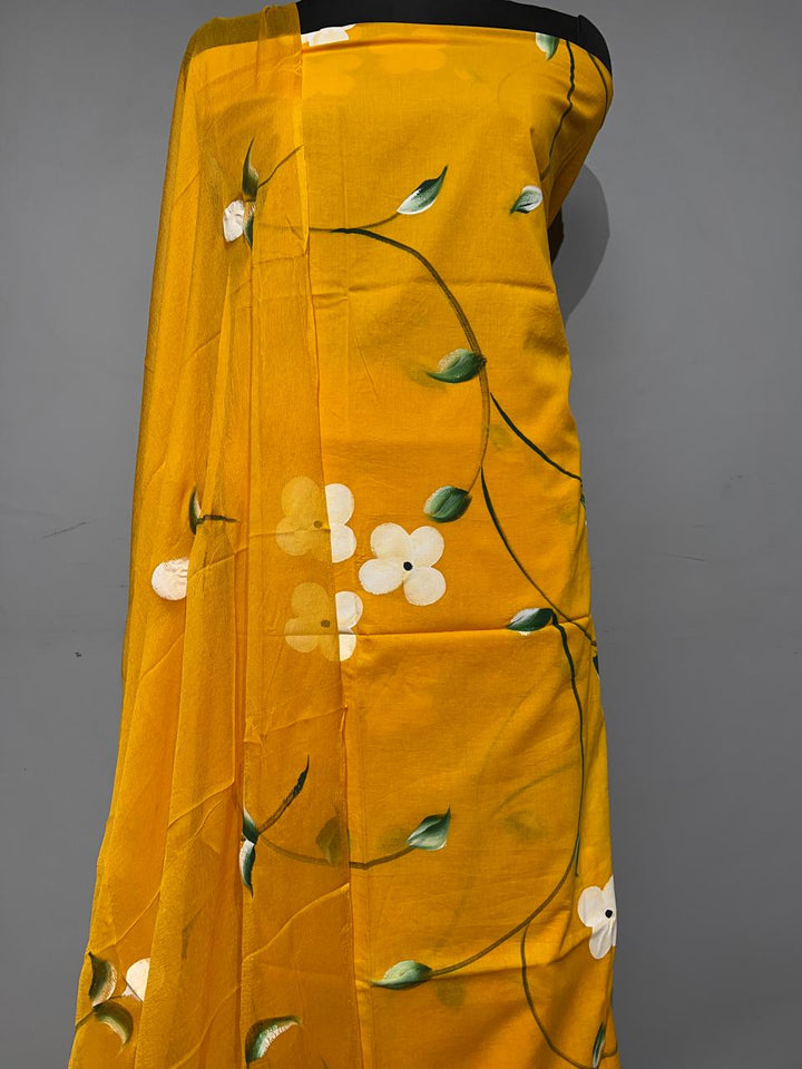 Pure Cotton Hand Block Print Unstitched Suit With Chiffon Dupatta