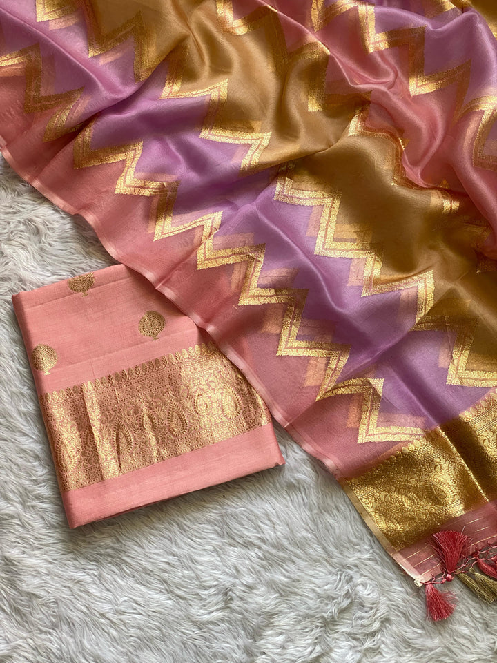 Pure Banarasi Chiniya Silk Kadwa Booti Unstitched Suit With Pure Kora Rangkaat Dupatta.