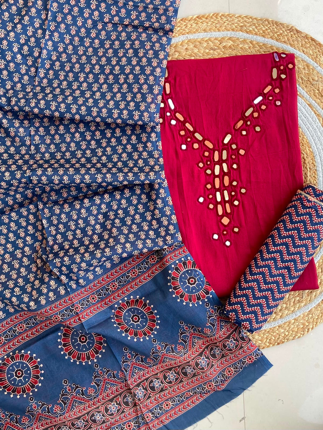 Pure Cotton Azrakh Print Unstitched Suit With heavy mirror work