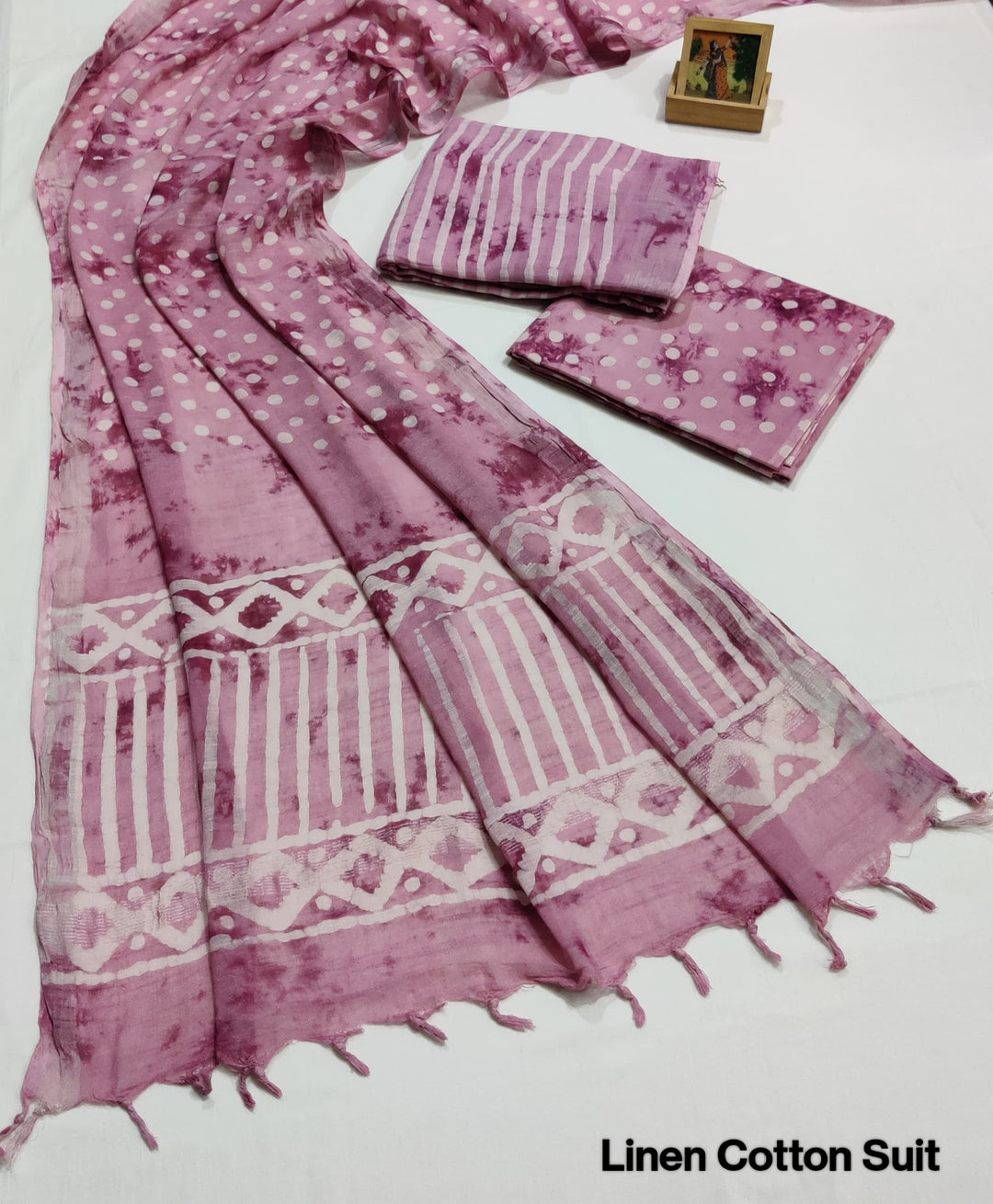 Hand Block Printed Linen Unstitched Suit .
