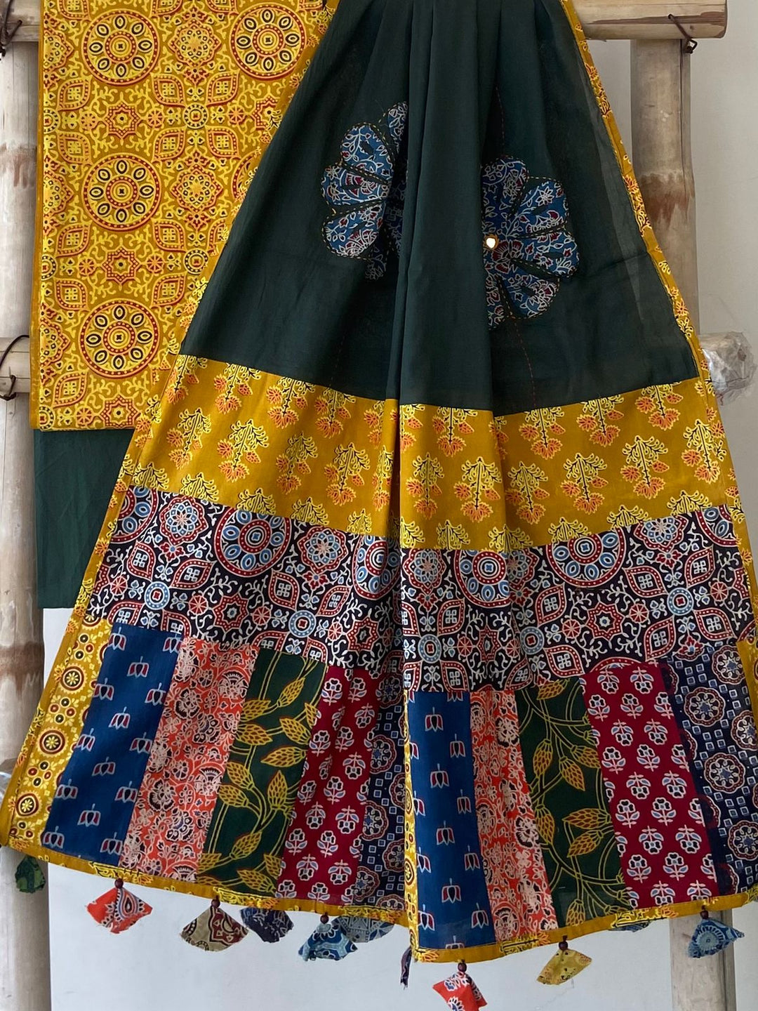 Pure Cotton Azrakh Print Unstitched suit With Hand kantha Work Dupatta