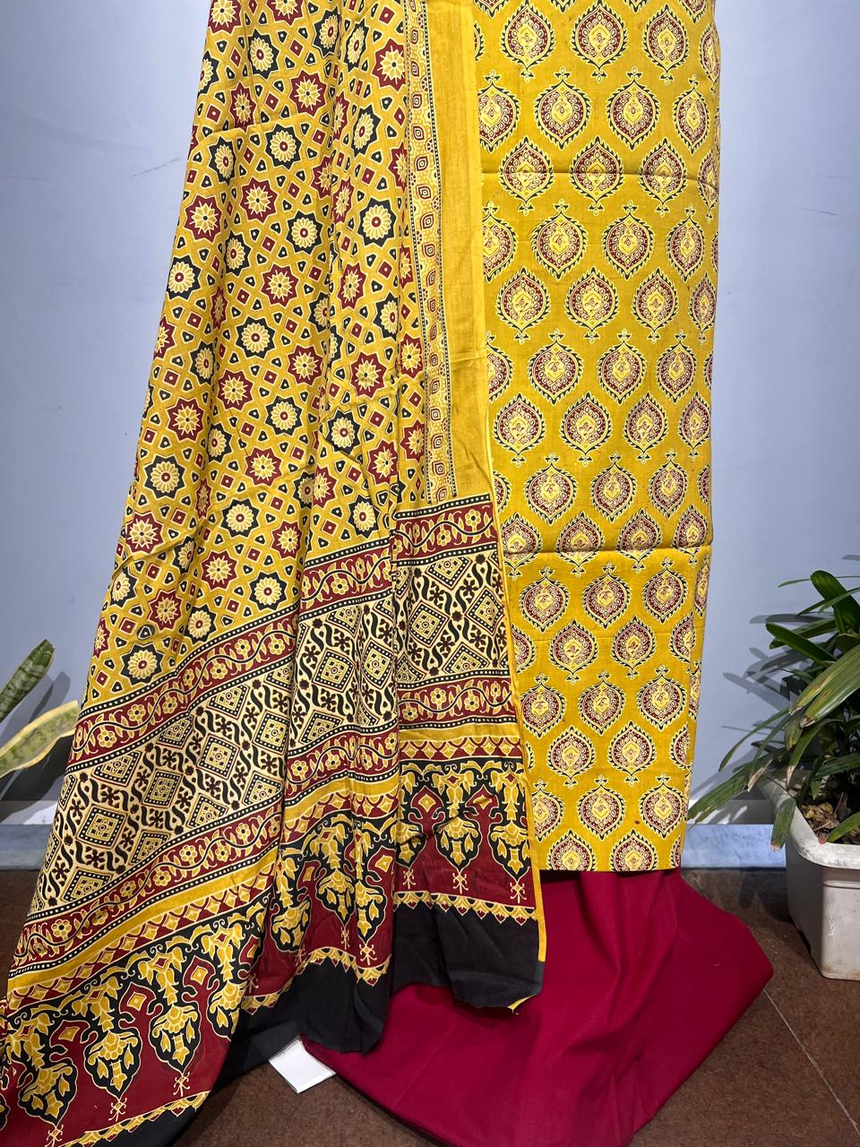 Pure Cotton Azrakh Print Unstitched suit With katha work Dupatta