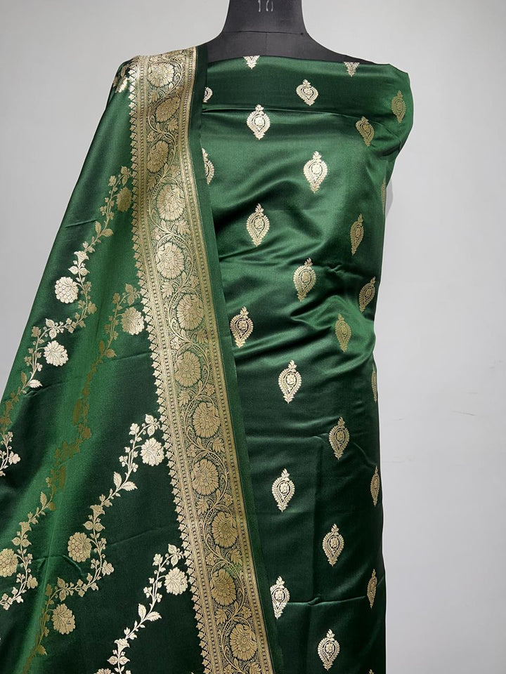 Pure Banarasi Satin Silk Zari Work Unstitched Suit With Jaal Work Dupatta.