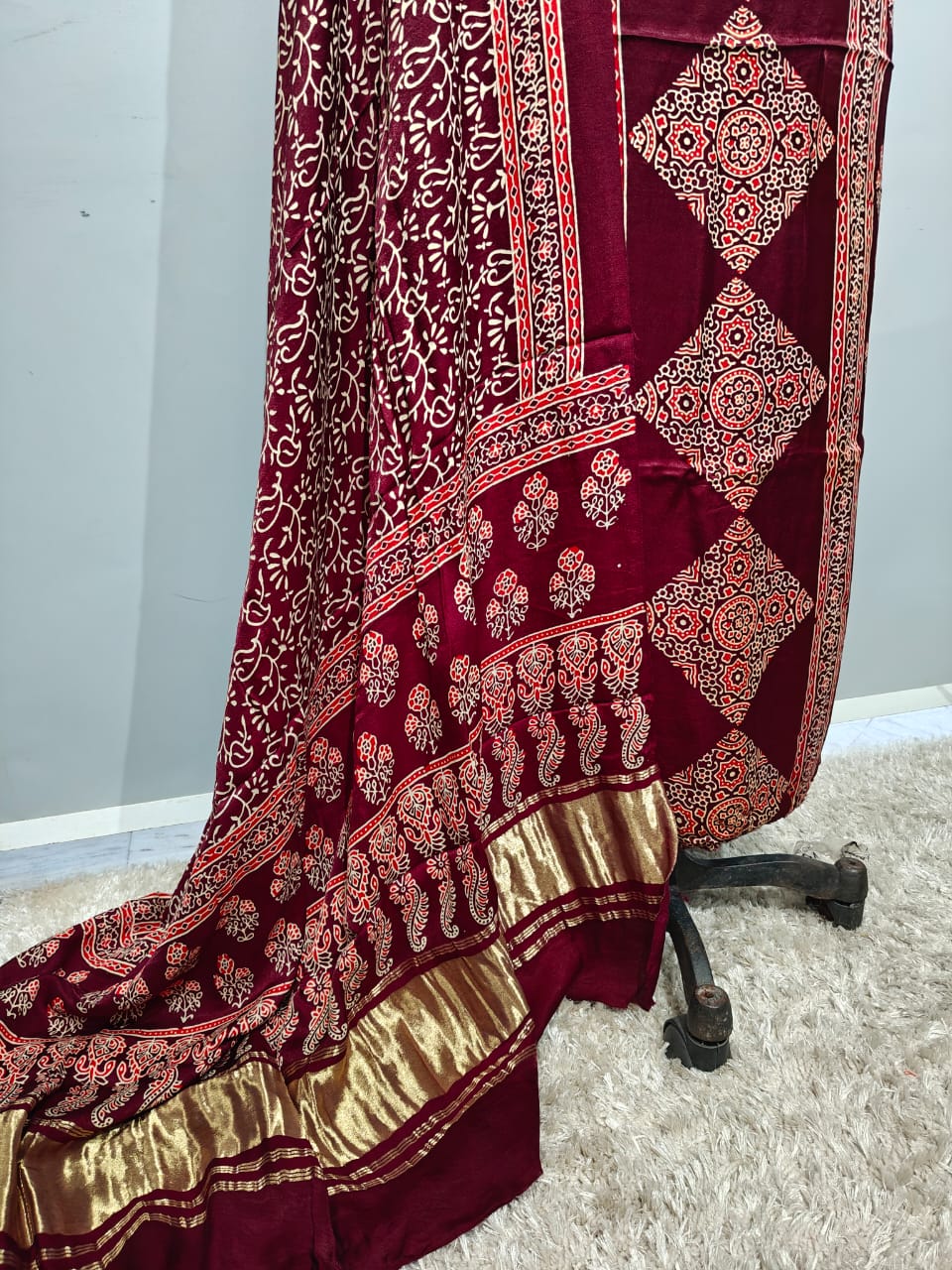 Pure Modal Silk Ajrakh Hend Block Zari Pallu Weaved 3pc Unstitched Suit