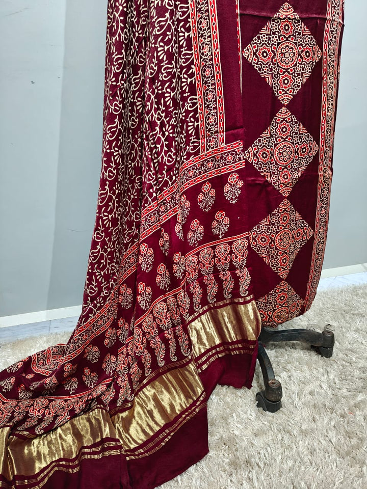 Pure Modal Silk Ajrakh Hend Block Zari Pallu Weaved 3pc Unstitched Suit