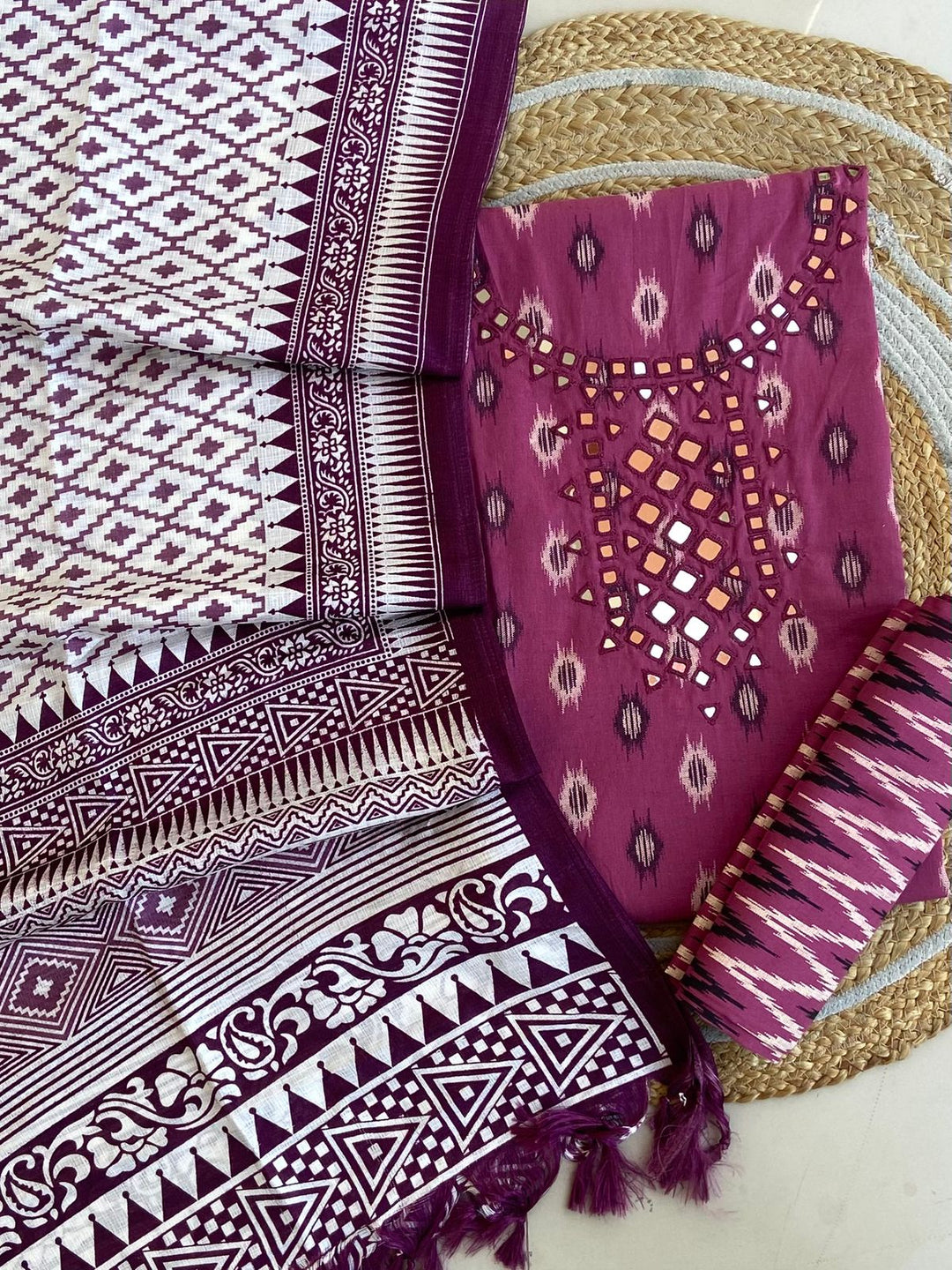 Pure Cotton Azrakh Print Unstitched Suit With Dola Silk Printed Dupatta