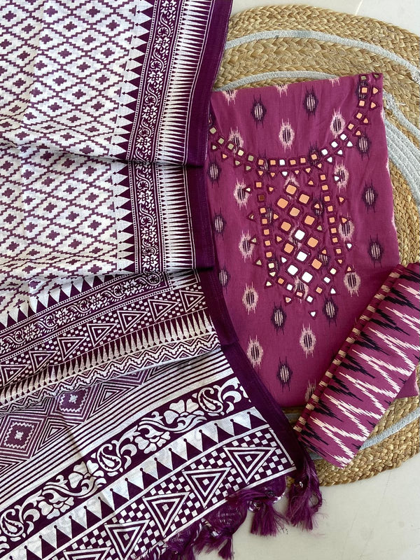 Pure Cotton Azrakh Print Unstitched Suit With Dola Silk Printed Dupatta