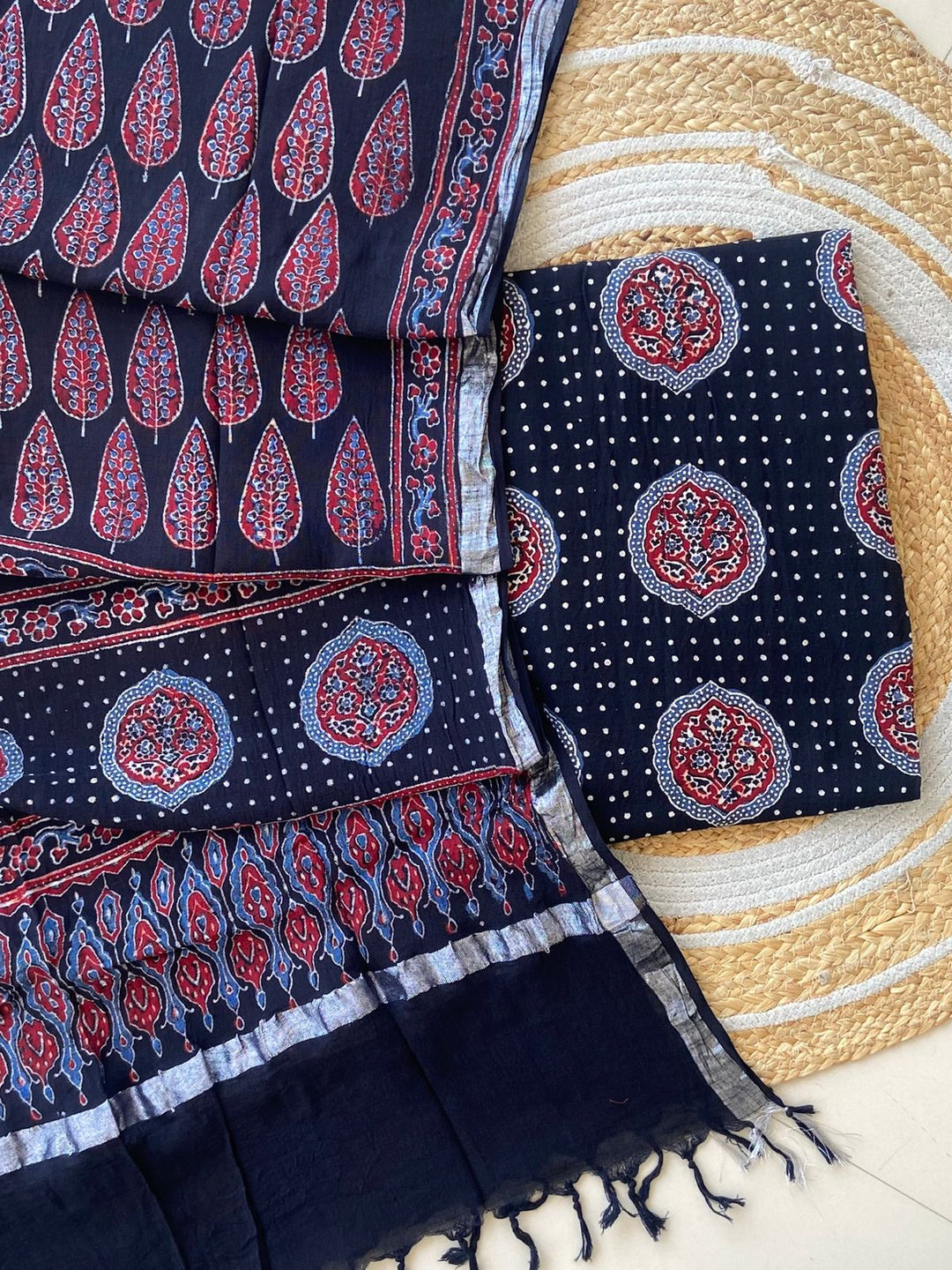 Exclusive Azrakh Hand block Pure Cotton Linen 2-Piece Unstitched Suit  With Dupatta
