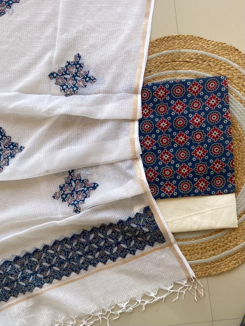 Azrakh Printed Top With Kota Doriya With Hand  Applique Work Dupatta