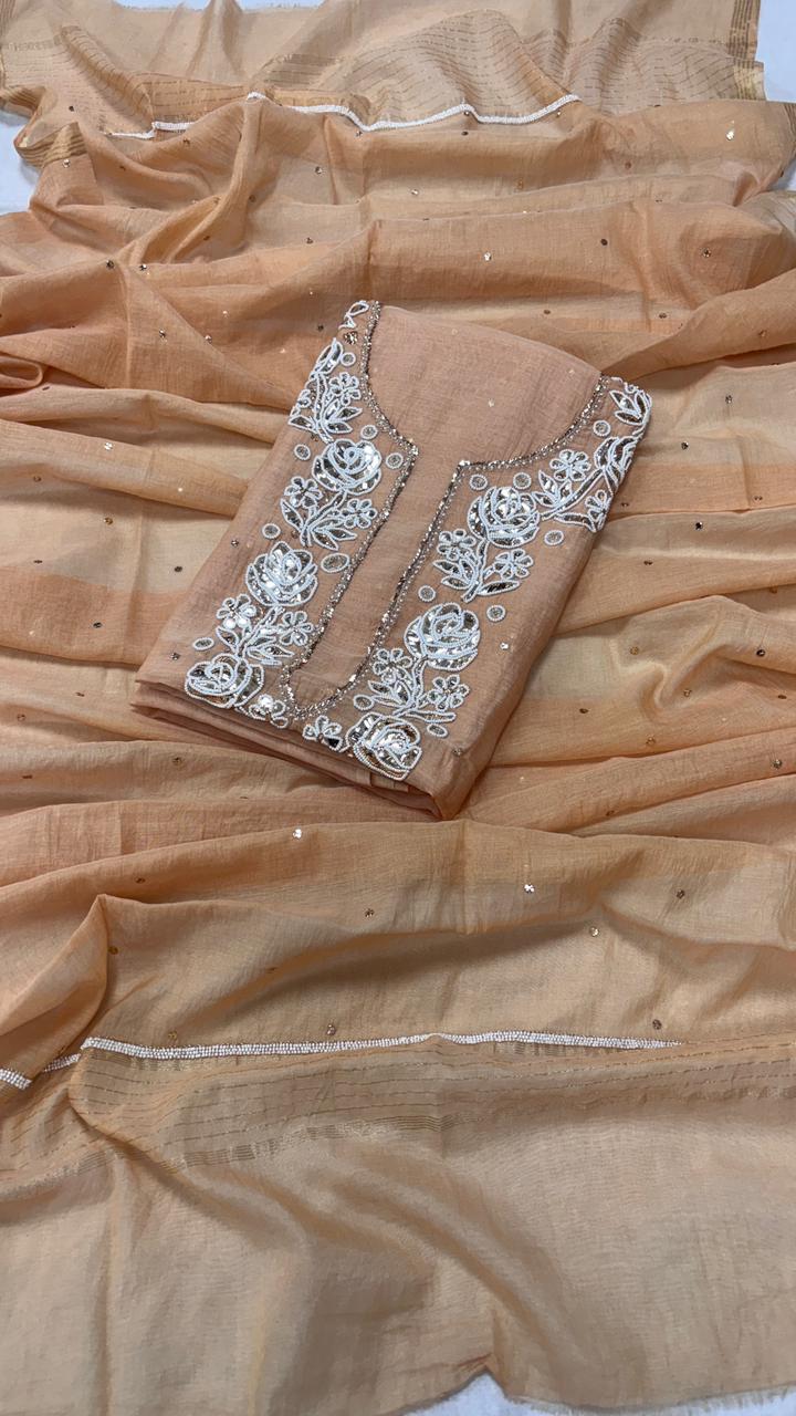 Pure Mul- Mul Chanderi Chakiankari Work Unstitched Suit with Cutdana work.