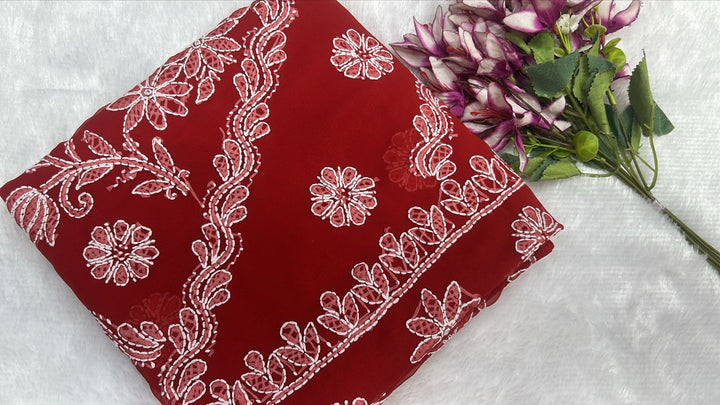 Pure Chiffon Chikankari Half Jaal Work Hand Embroidery Saree with Blouse