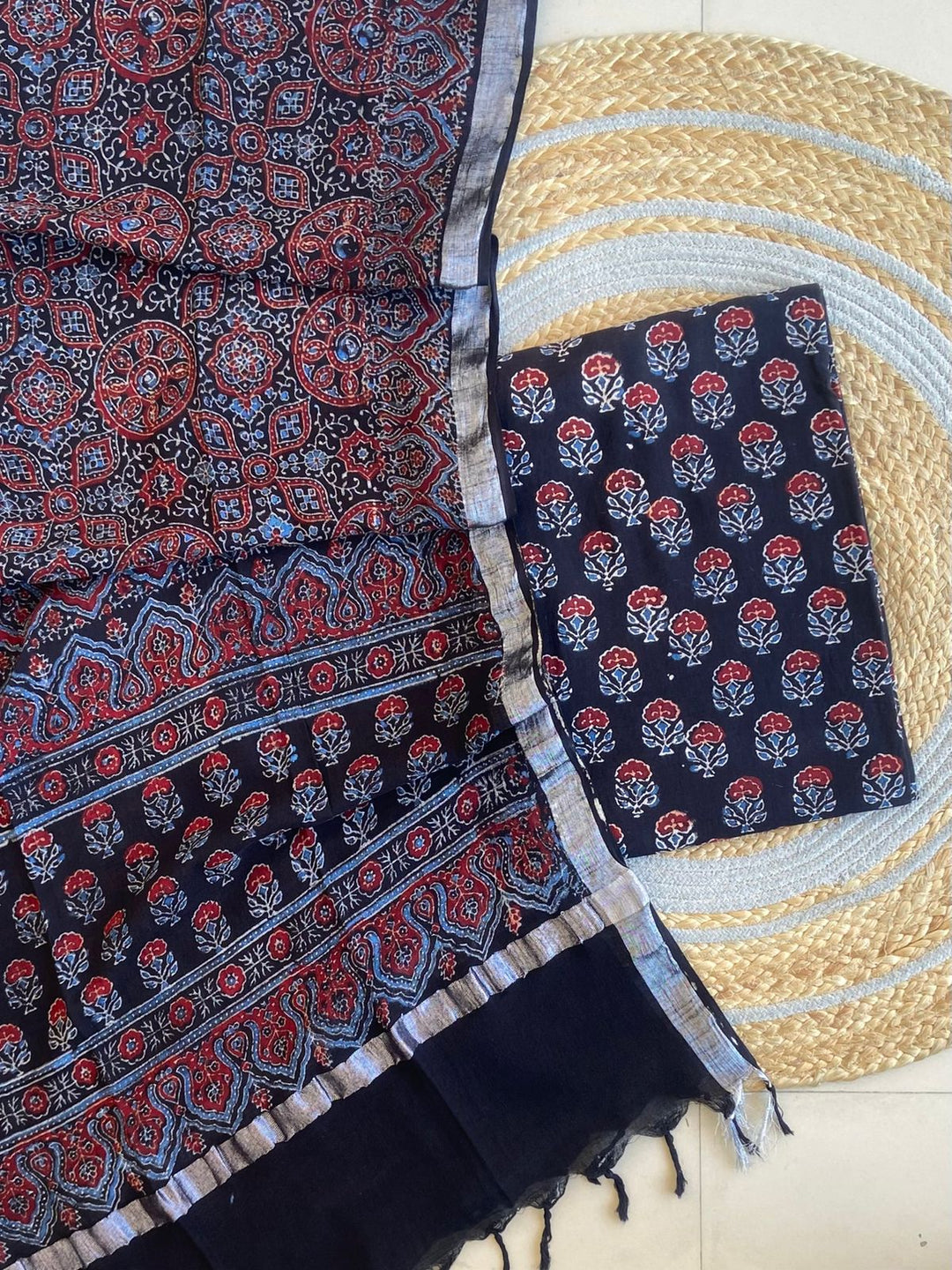 Exclusive Azrakh Hand block Pure Cotton Linen 2-Piece Unstitched Suit  With Dupatta