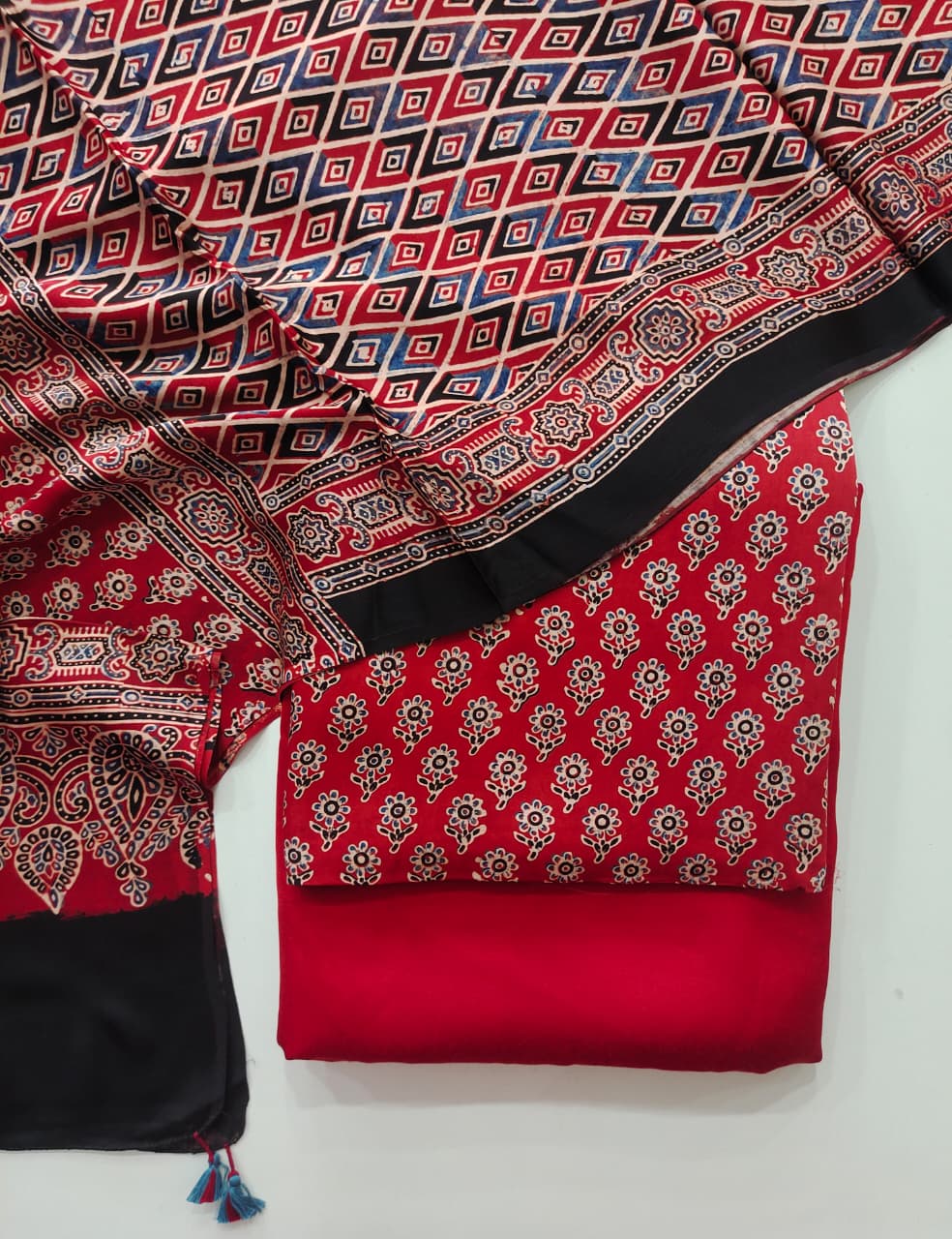 Pure Modal Silk Ajrakh Hand Block  3pc Unstitched Suit