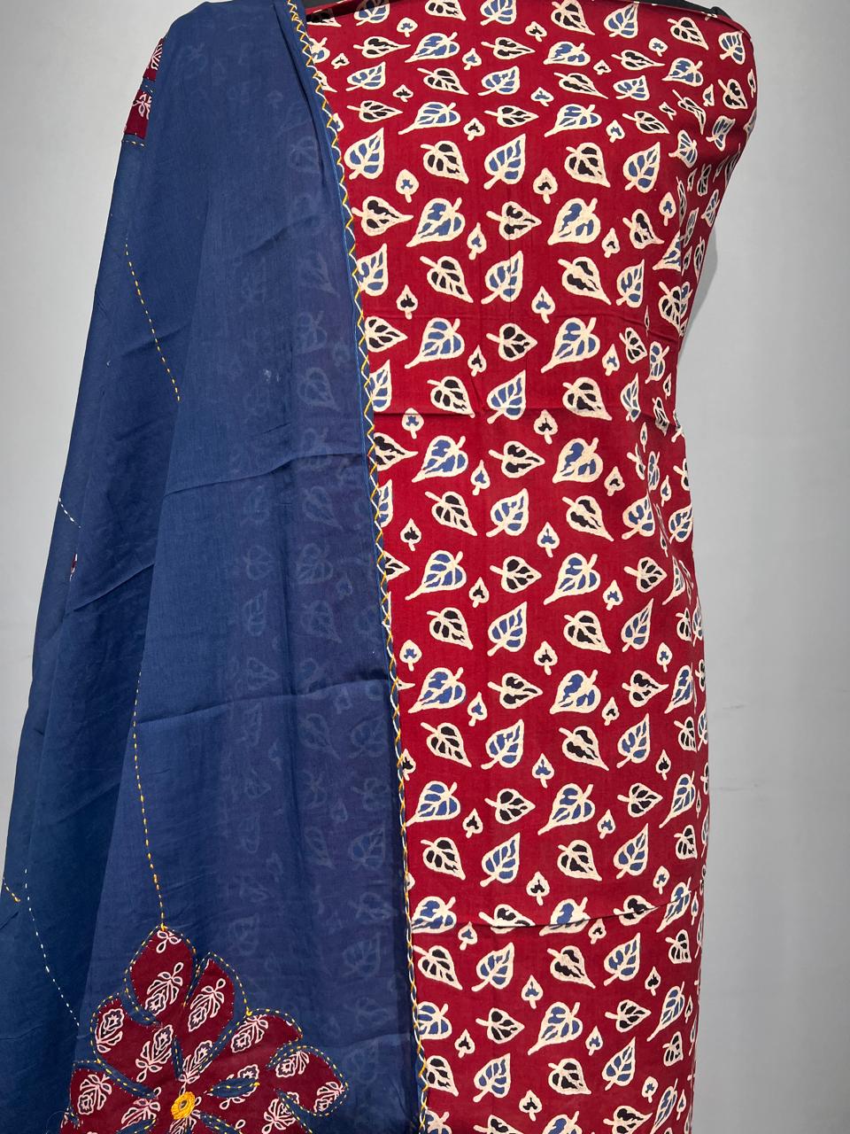 Pure Cotton Azrakh Print Unstitched suit With katha work Dupatta