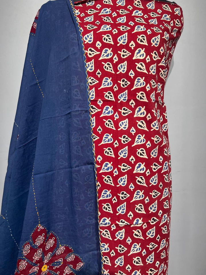 Pure Cotton Azrakh Print Unstitched suit With katha work Dupatta