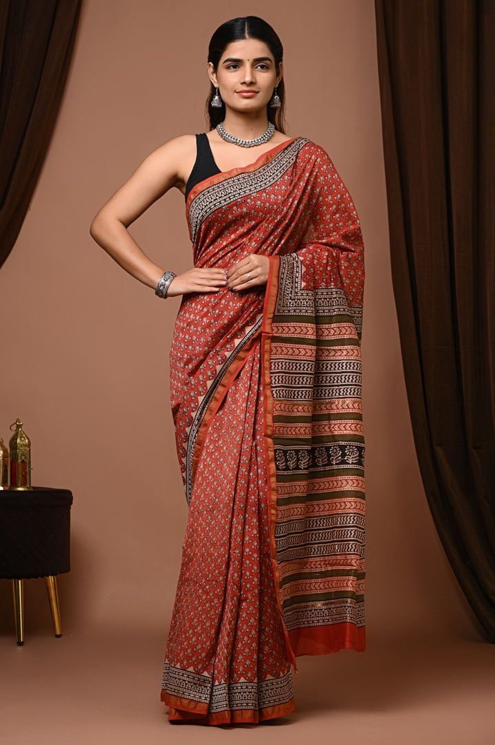 Hand Block Print Pure Chanderi Saree With Blouse
