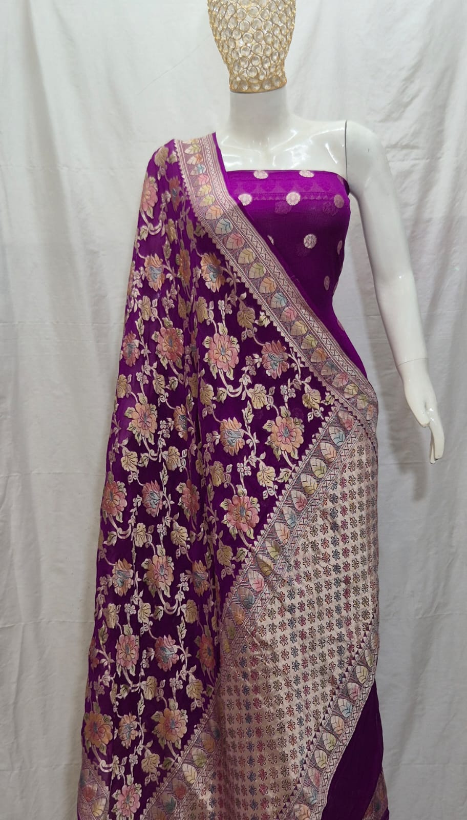 Pure Khhadi Chiffon Georgette Water Zari Work Unstitched Suit With khhadi Georgette Dupatta.)