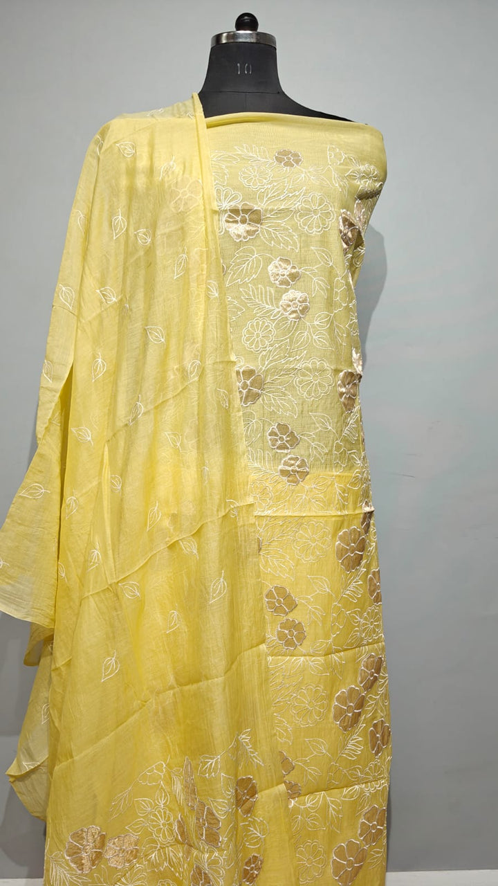 Pure Banarasi Chanderi Silk Unstitched SUit with Applique Work