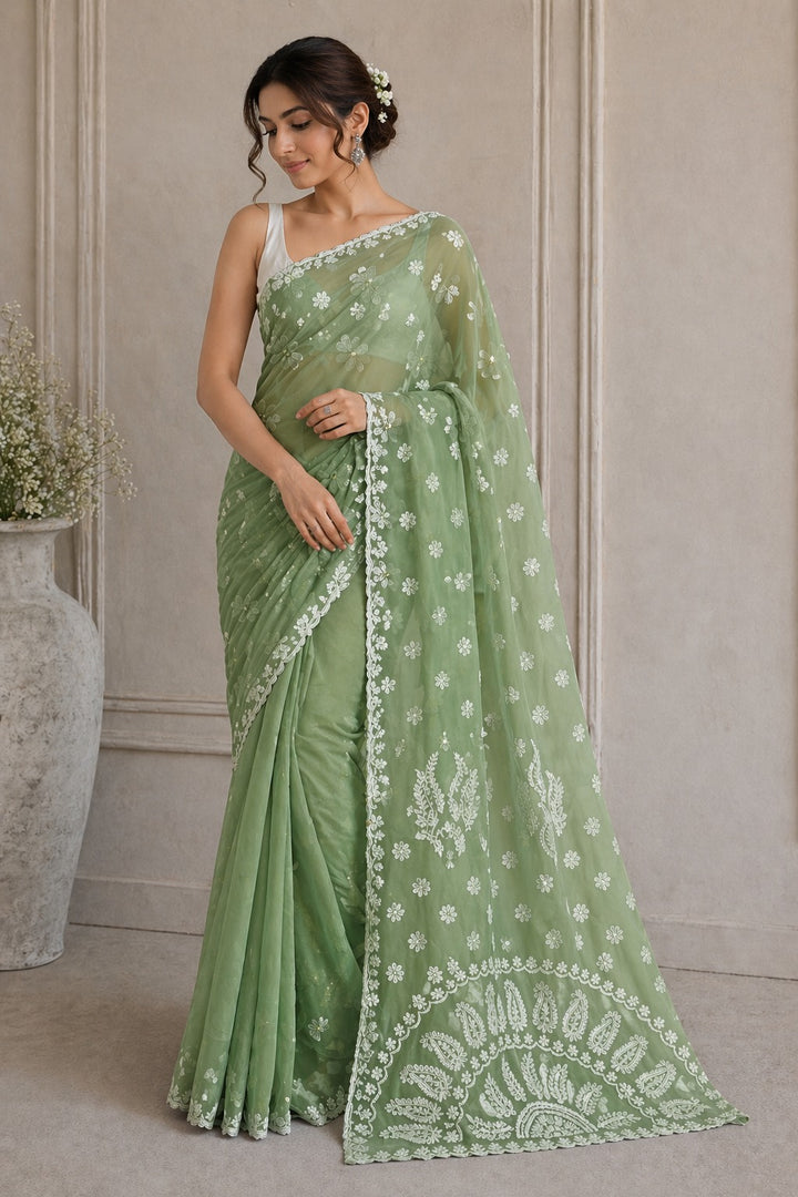 Pure Chiffon Chikankari Half Jaal Work Hand Embroidery Saree with Blouse
