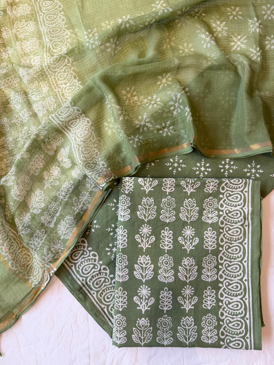 Pure Cotton Hand block print Unstitched Suit with Kota Dupatta