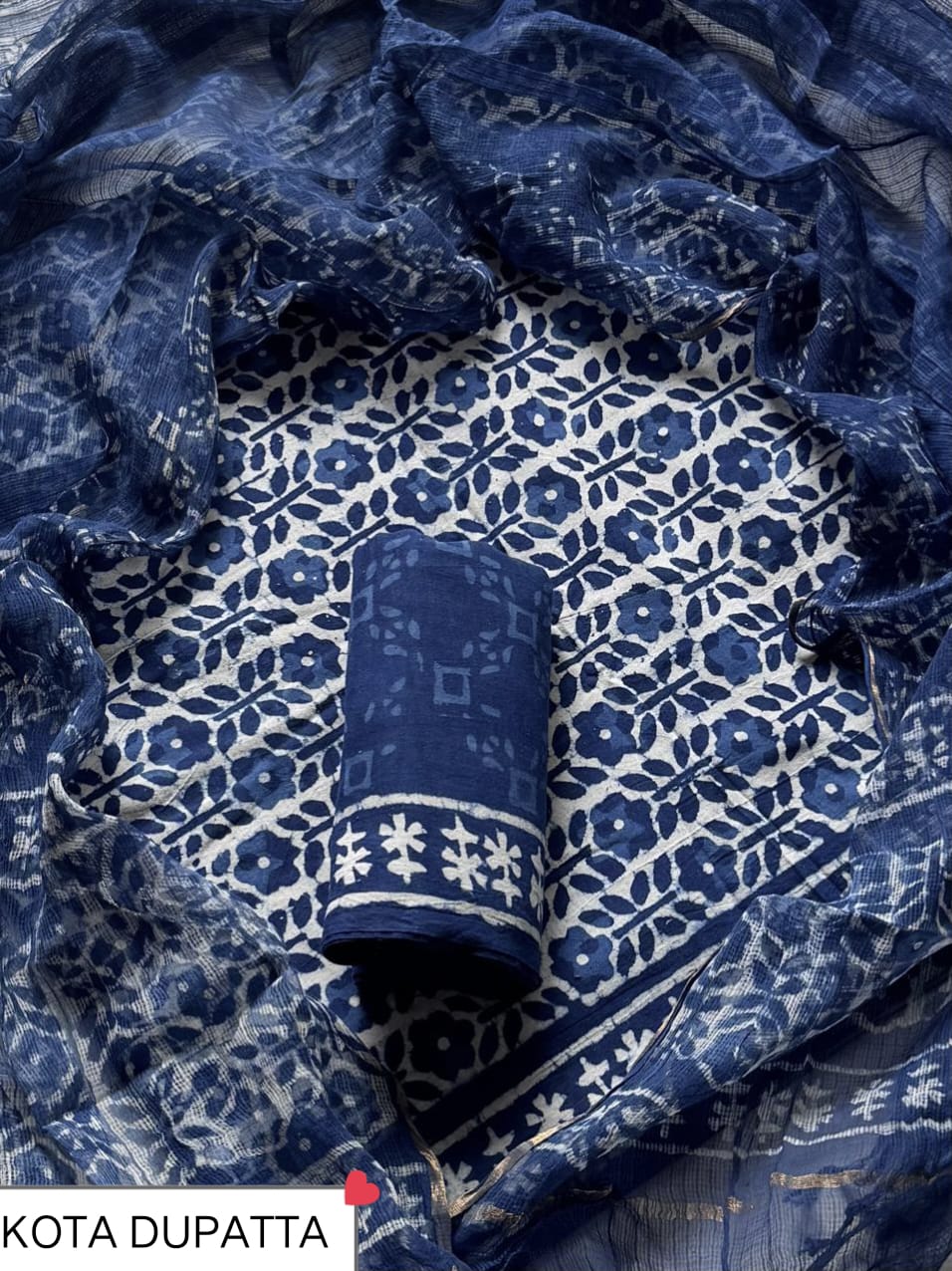Pure Cotton Hand block print Unstitched Suit with Kota Dupatta