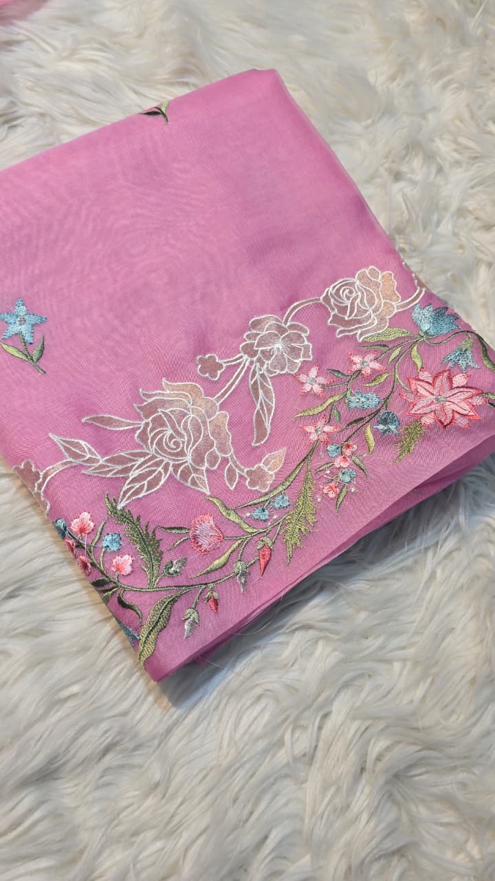 Pure Banarasi Organza Silk Applique Work Unstitched Suit.