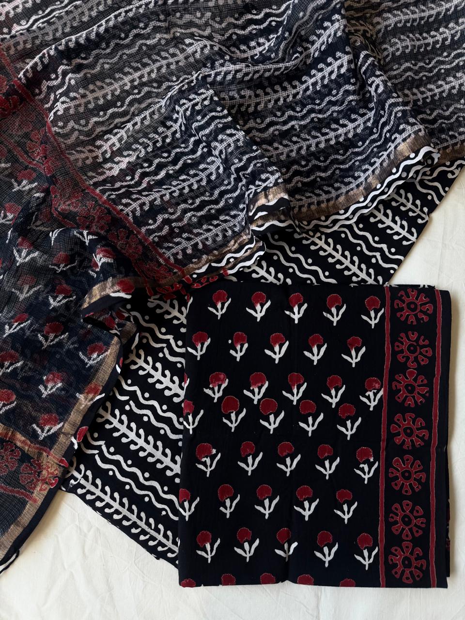 Pure Cotton Hand block print Unstitched Suit with Kota Dupatta