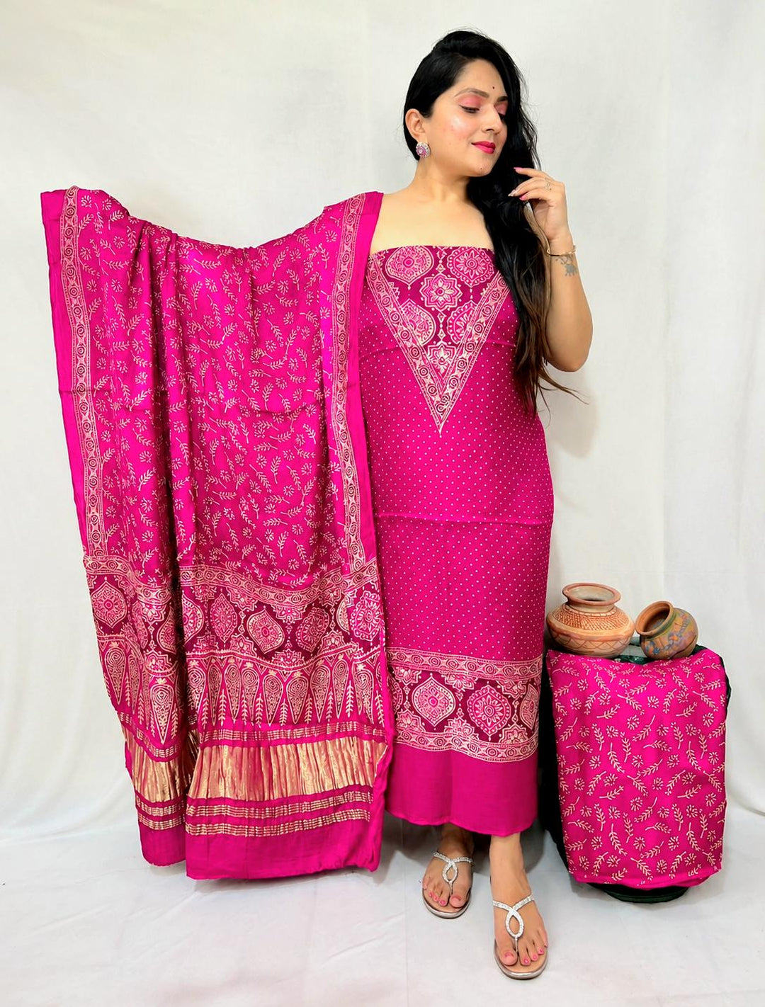 Pure Modal Silk Ajrakh Hand Block Zari Pallu Weaved 3pc Unstitched Suit