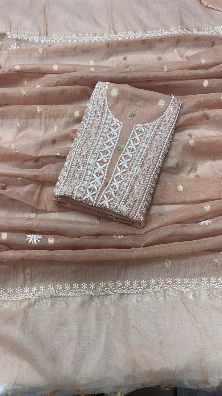 Pure Mul Chanderi Chakiankari Work Unstitched Suit with Pearl and Cutdana work .