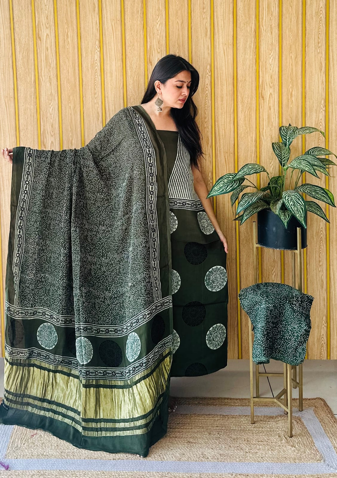 Pure Modal Silk Ajrakh Hand Block Zari Pallu Weaved 3pc Unstitched Suit