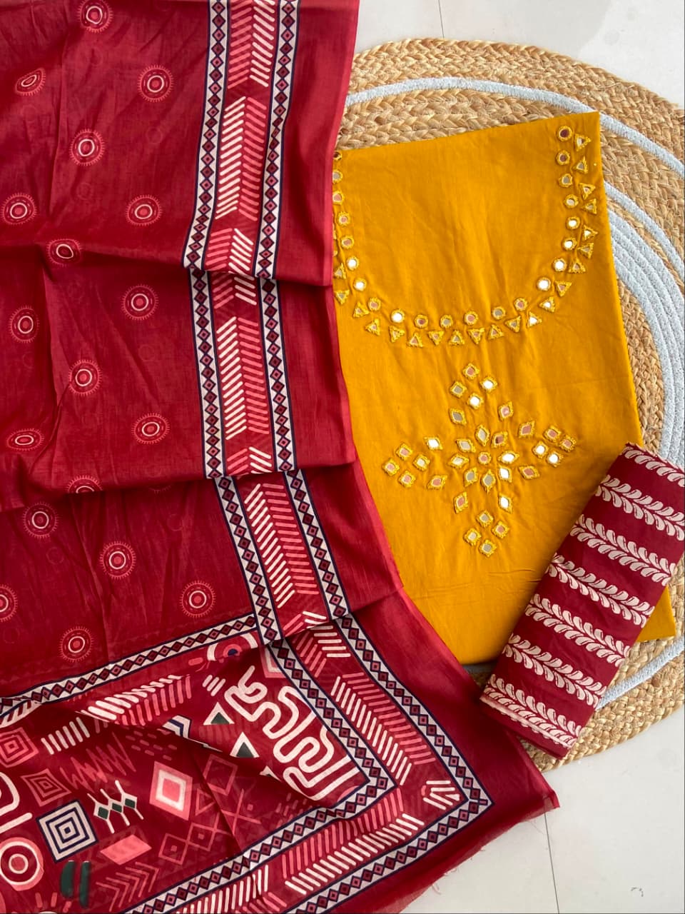 Pure Cotton Azrakh Print Unstitched Suit With heavy mirror work