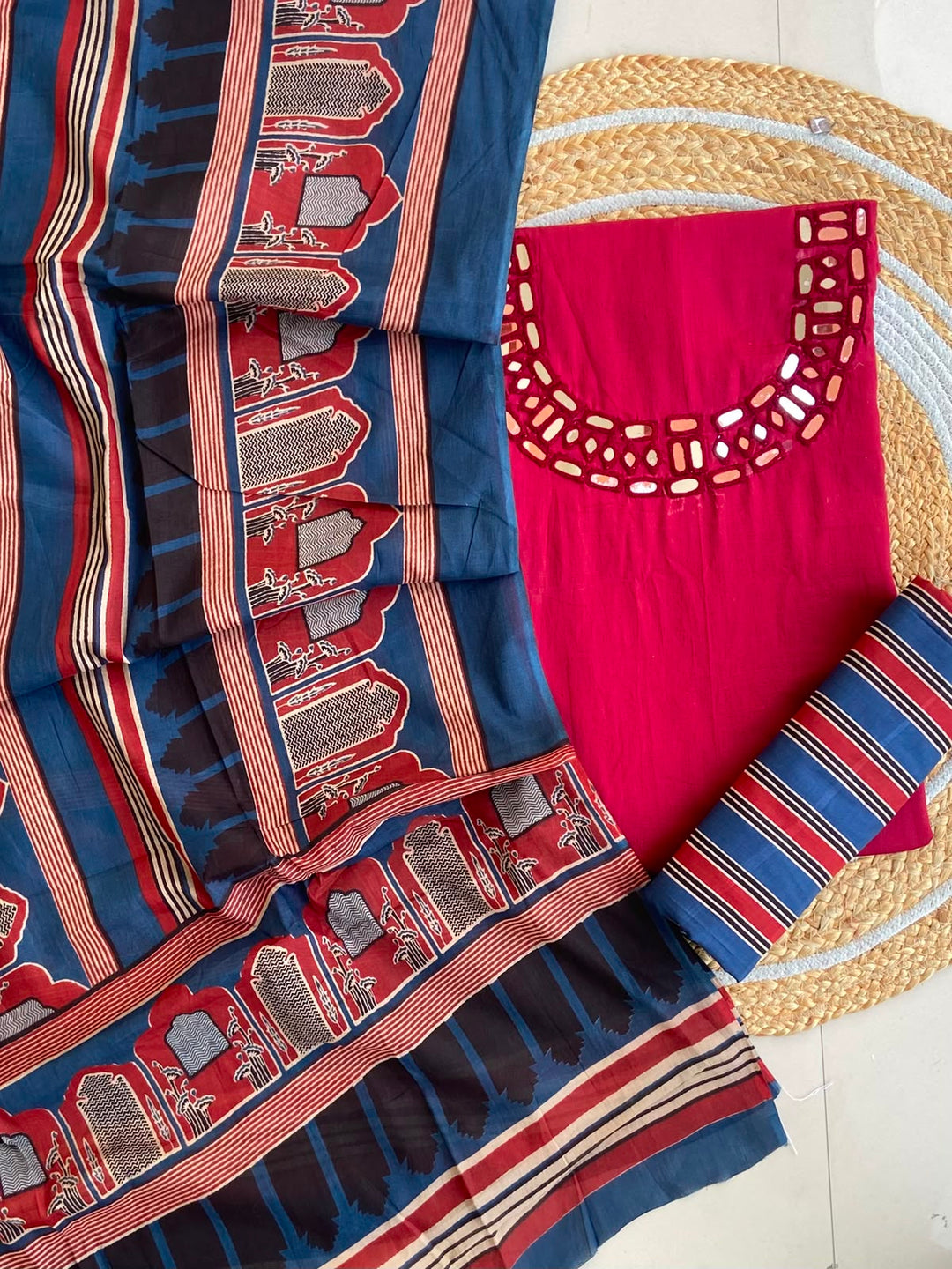 Pure Cotton Azrakh Print Unstitched Suit With heavy mirror work