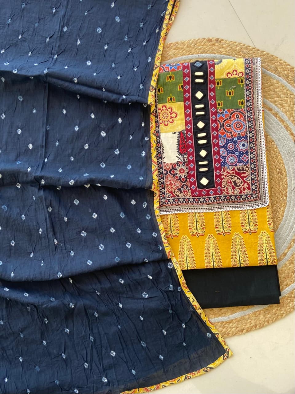Pure Cotton Azrakh Print Unstitched Suit With Heavy Mirror Work