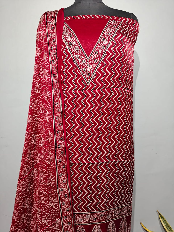Pure Modal Silk Ajrakh Hend Block Zari Pallu Weaved 3pc Unstitched Suit