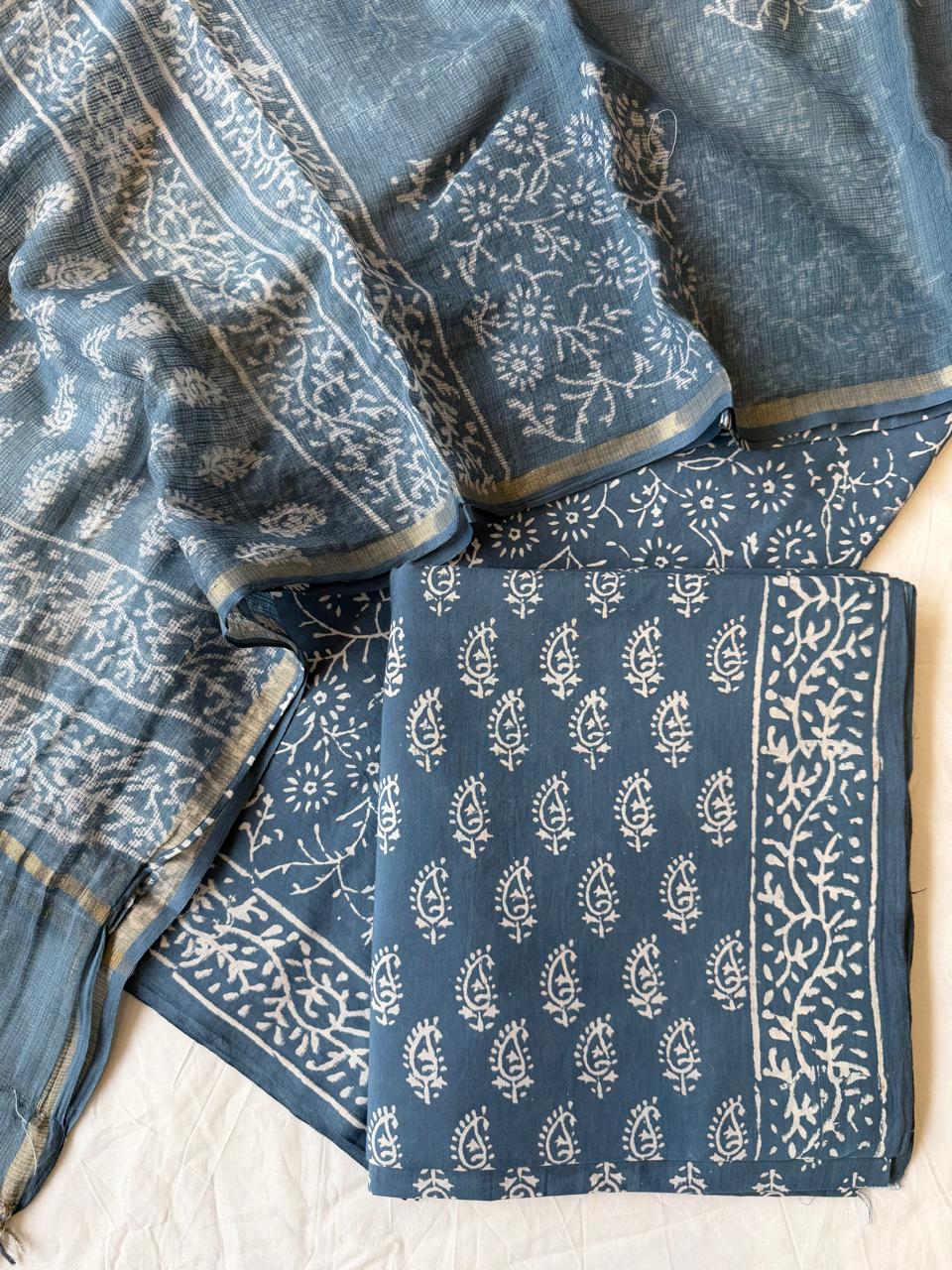 Pure Cotton Hand block print Unstitched Suit with Kota Dupatta