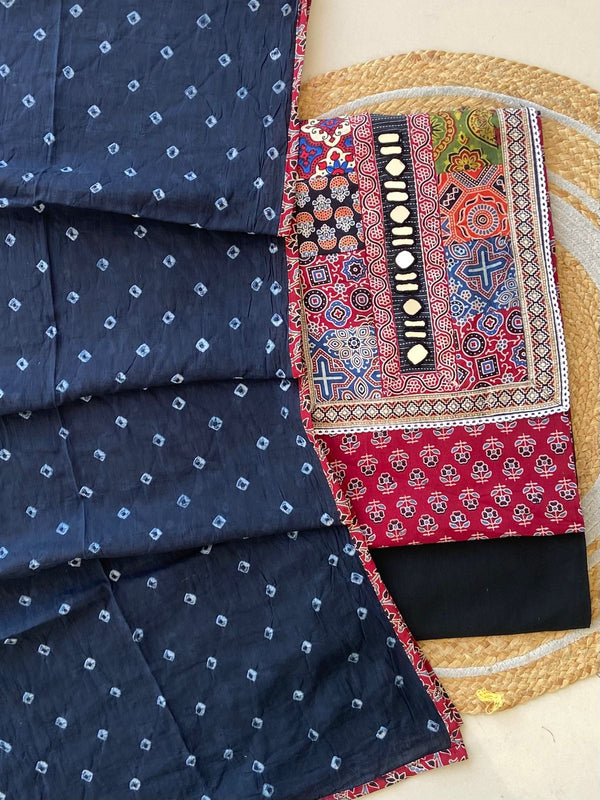 Pure Cotton Azrakh Print Unstitched Suit With Heavy Mirror Work