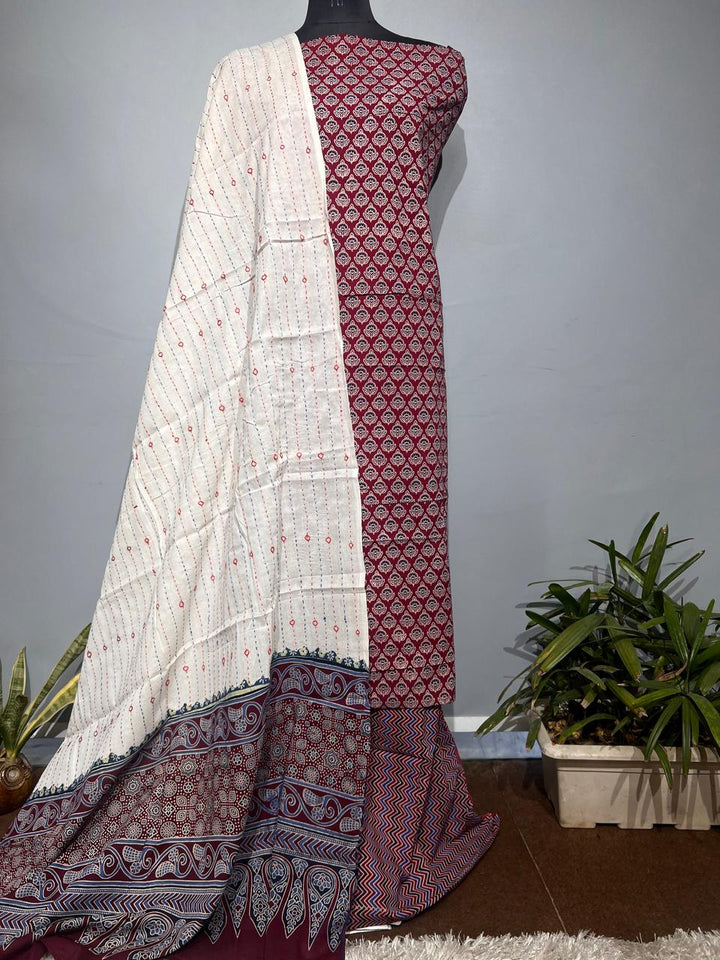 Pure Cotton Azrakh Print Unstitched suit With katha work Dupatta