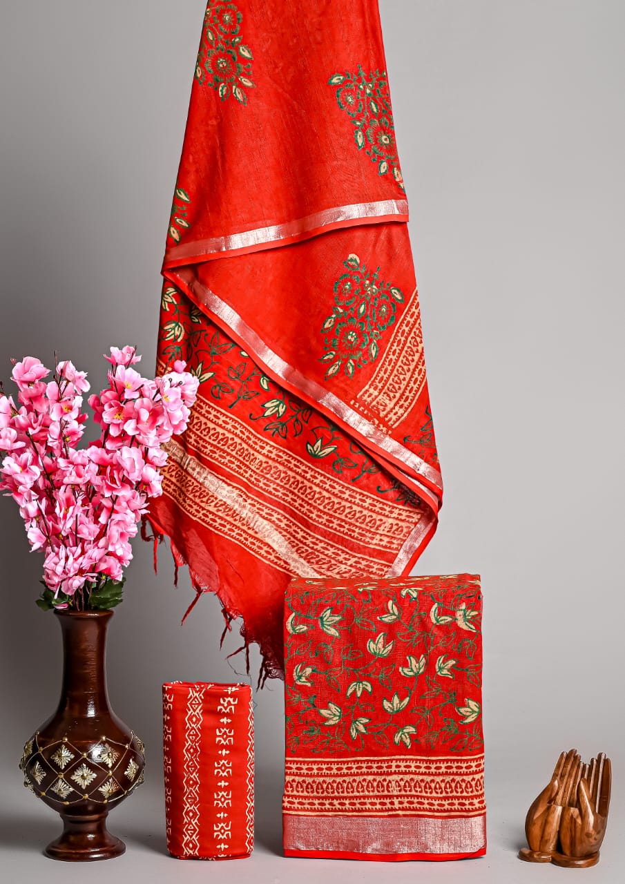 Hand Block Printed Linen Unstitched Suit .