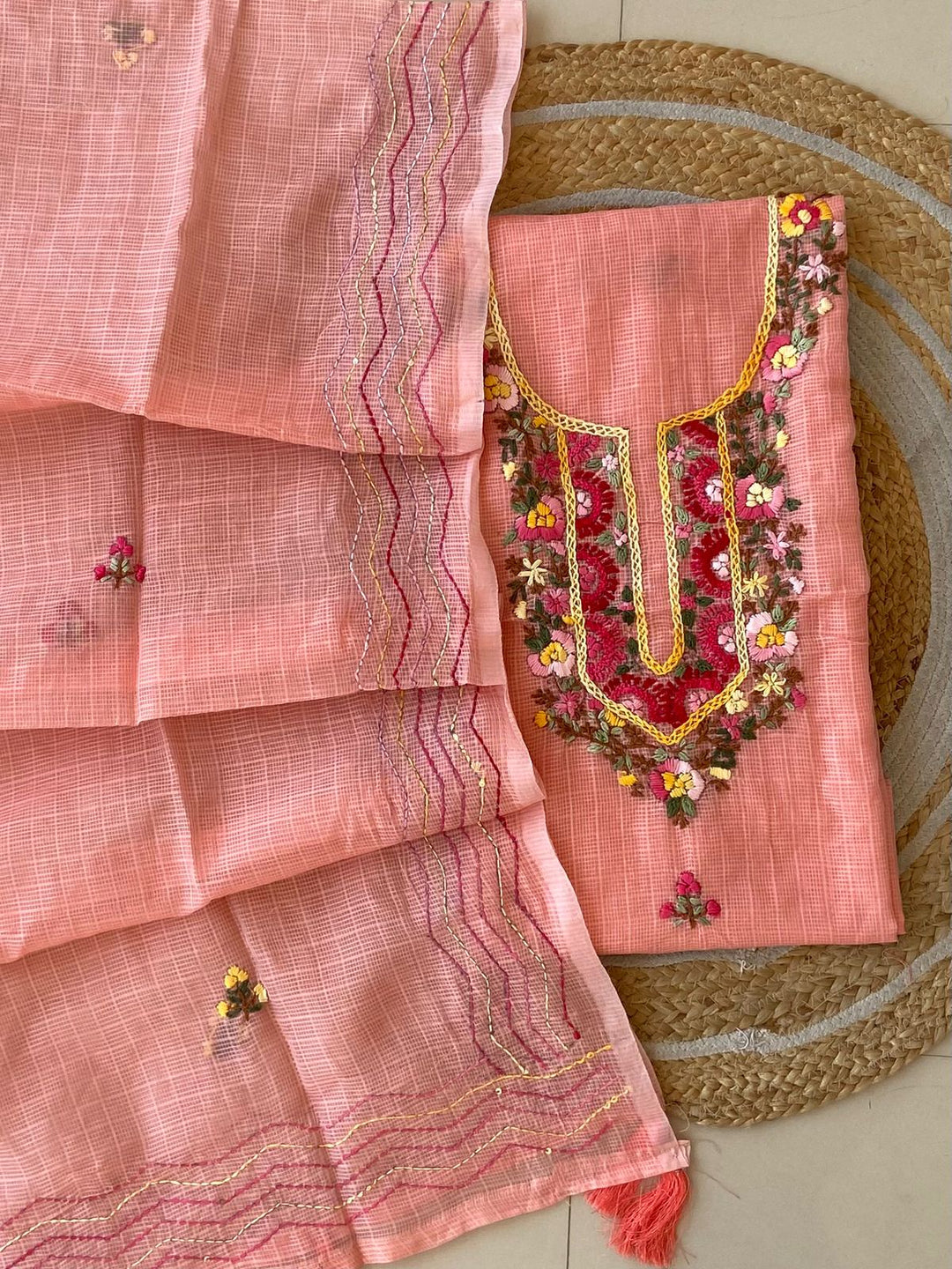 Pure Kota Doriya Silk Kurta And Dupatta With Neck Hand Work Emobroidery Unstitched Suit