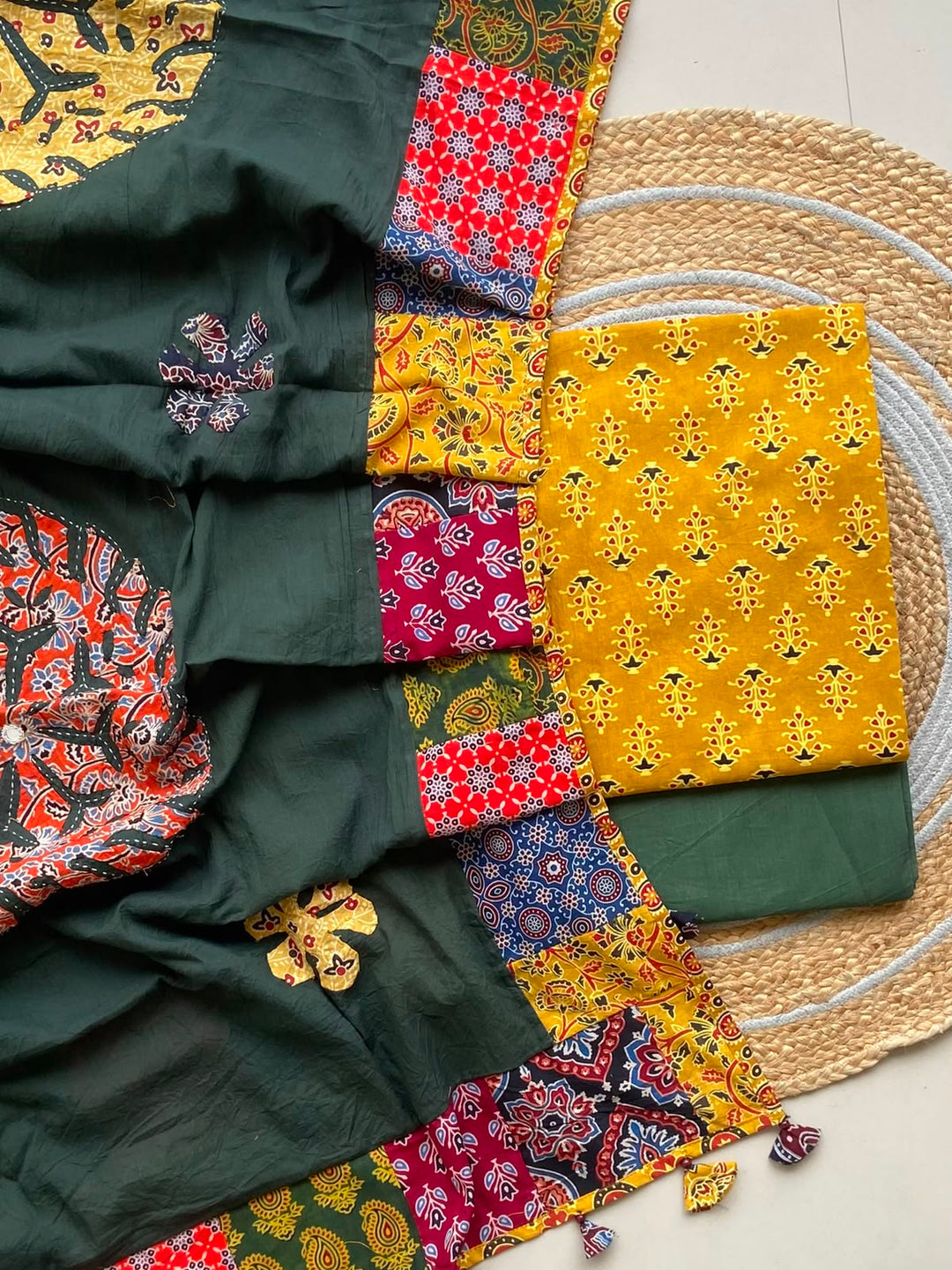 Pure Cotton Azrakh Print Unstitched Suit With Applique Work Dupatta