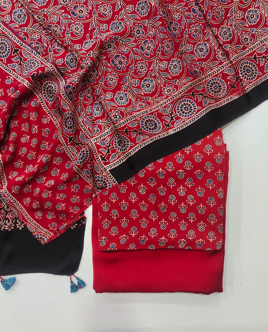 Pure Modal Silk Ajrakh Hand Block  3pc Unstitched Suit
