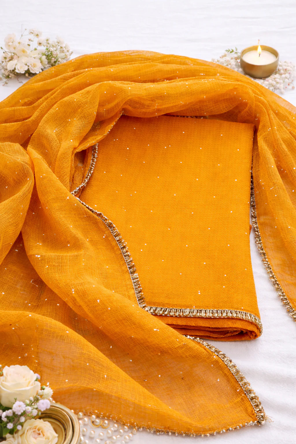 Pure Kota doria 3 pc Unstitched Suit with Mukaish work.