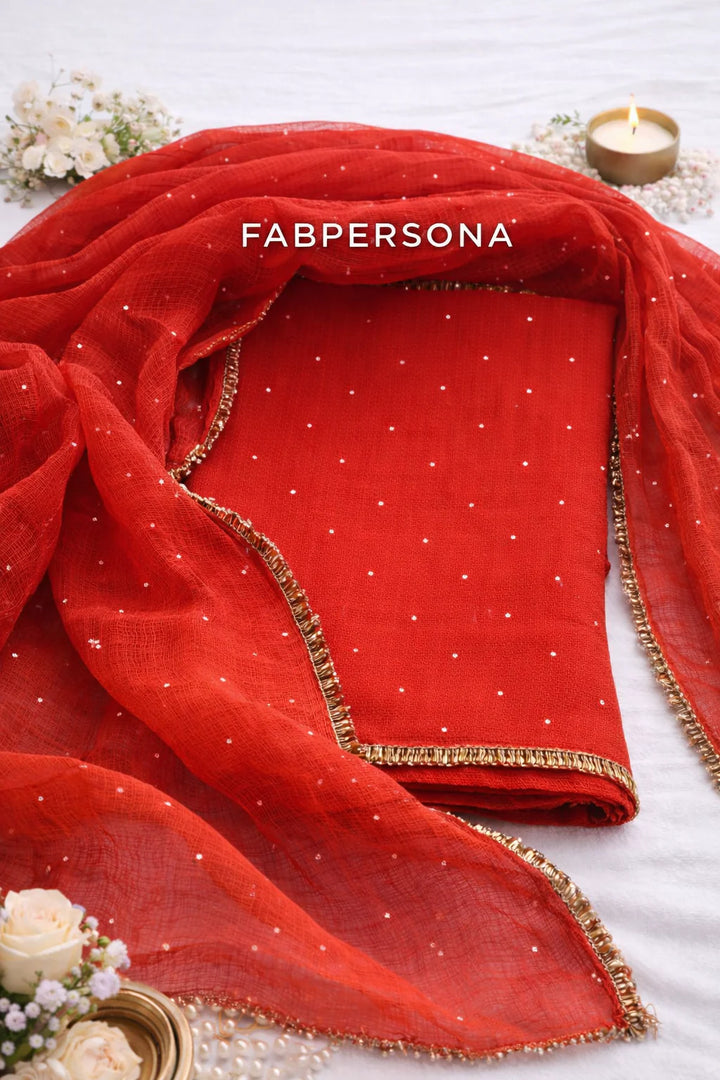 Pure Kota doria 3 pc Unstitched Suit with Mukaish work.