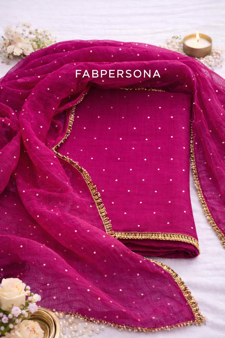 Pure Kota doria 3 pc Unstitched Suit with Mukaish work.