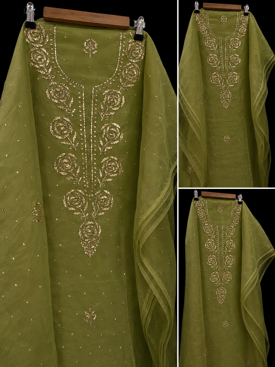 Pure organza tissue unstitched Kurta with dupatta Embellished with Badla Pitta Mukaish work