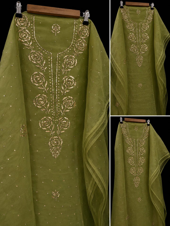Pure organza tissue unstitched Kurta with dupatta Embellished with Badla Pitta Mukaish work
