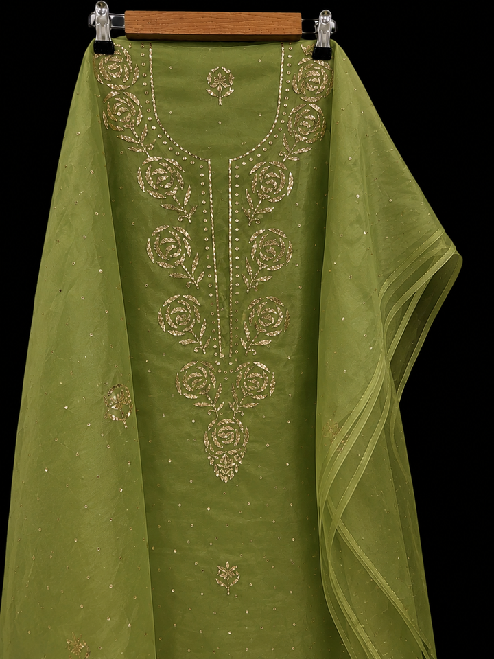 Pure organza tissue unstitched Kurta with dupatta Embellished with Badla Pitta Mukaish work