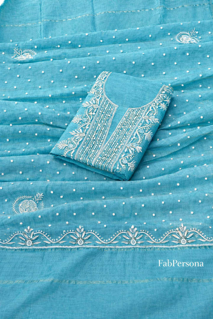 Pure Mul- Mul Chakiankari Work Unstitched Suit with Pearl and Cutdana work