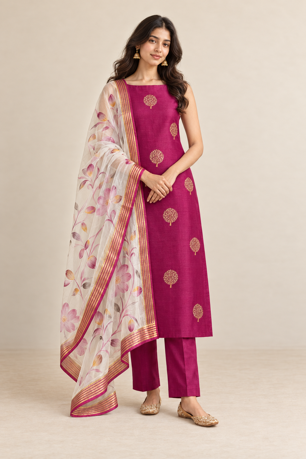 Pure Banarasi Chanderi Silk Suit With Hand Painted Organza Silk Dupatta